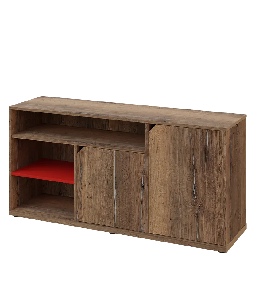 KU2-15DN3 P skříňka nízká 2-dveřová, nika, 740x1522x400, provedení pravé, korpus a dvířka dub halifax cínový/police červená